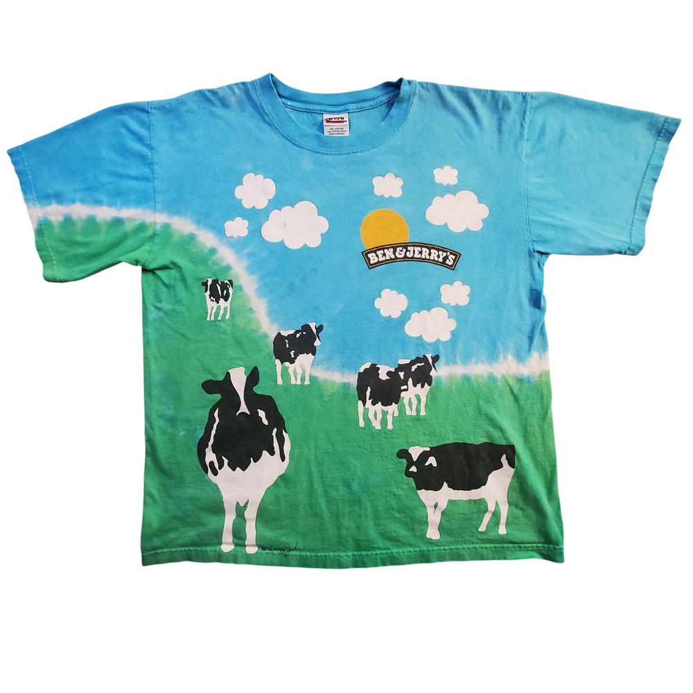 Vintage Ben & Jerrys Euphoria AOP Cows Tie-Dye T-Shirt Men's M Green Blue Y2K